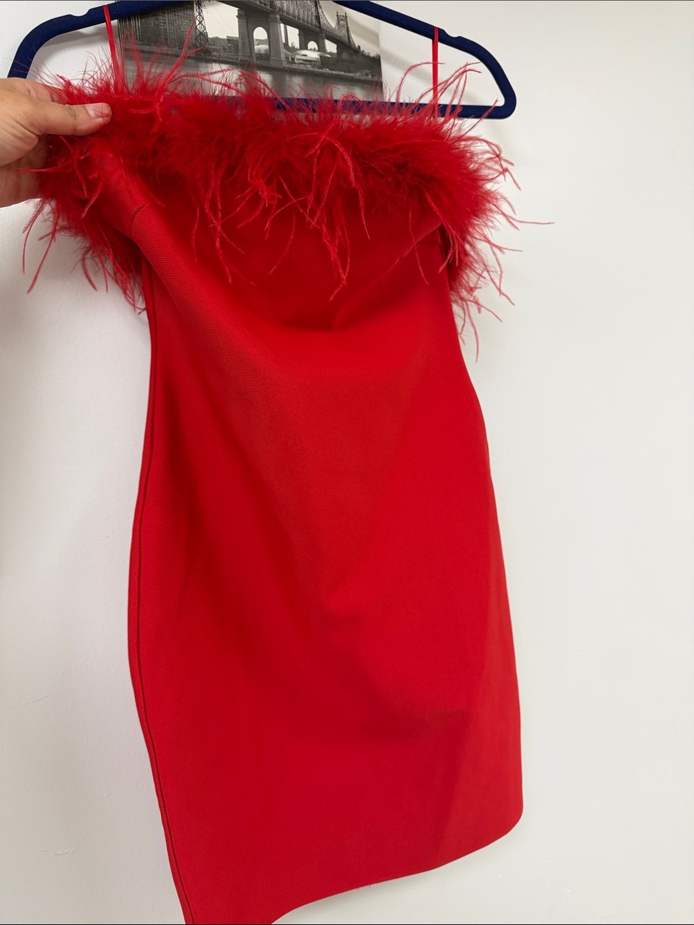 Fashion Nova Red Feather Trim Strapless Mini Dress fir medium and large